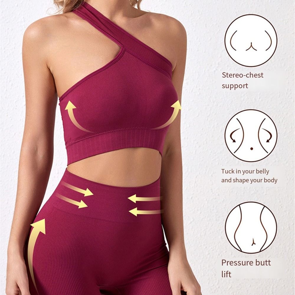 Seamless Ribbed Workout Tank Top - ชุดออกกำลังกายผู้หญิงแบบไร้รอยต่อ 2 ชิ้น ใช้ซ้ำได้ เอวสูง ผ้าริบ