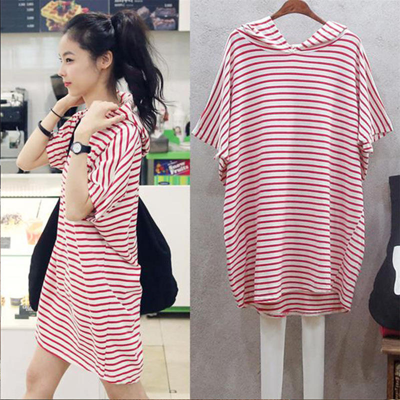 Korean Style A Line Shirt Dress - ชุดเดรสสไตล์เกาหลีใหม่สำหรับฤดูร้อน ทรงหลวม แขนค้างคาว ลายทาง ความยาวปานกลาง ทรงเอ