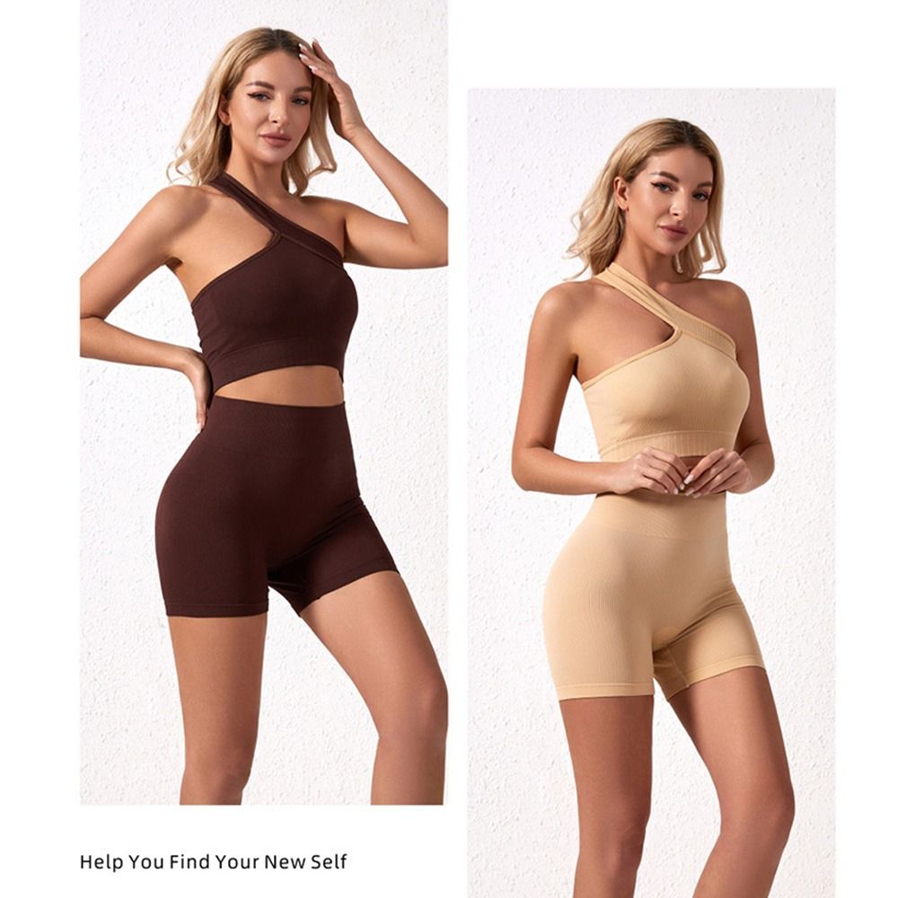 Seamless Ribbed Workout Tank Top - ชุดออกกำลังกายผู้หญิงแบบไร้ตะเข็บ 2 ชิ้น แบบใช้ซ้ำได้ ชุดโยคะเอวสูงแบบมีลายริ้ว เสื้อกล้ามแบบไหล่เดียว