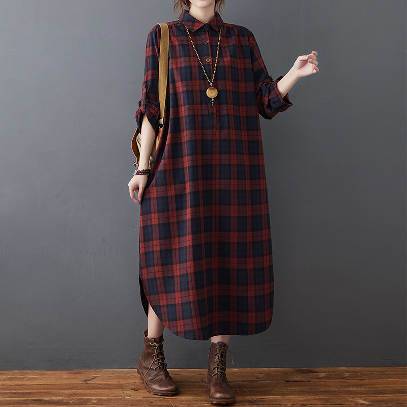 Casual Loose Linen Shirt Dress - ชุดเดรสผ้าฝ้ายผ้าลินินสำหรับผู้หญิง รุ่นใหม่ฤดูใบไม้ร่วง ทรงหลวม ไซส์ใหญ่ คอปกพับ ลายสก็อตย้อนยุค