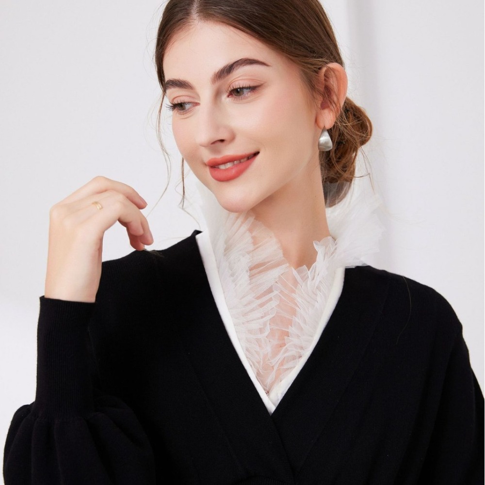 Tops - เสื้อสเวตเตอร์ผู้หญิงสำหรับฤดูใบไม้ร่วงและฤดูหนาว คอปลอมไหมพรมเมลังจ์ทรงตัววี ถอดได้ สำหรับใส่เป็นเลเยอร์ตกแต่ง