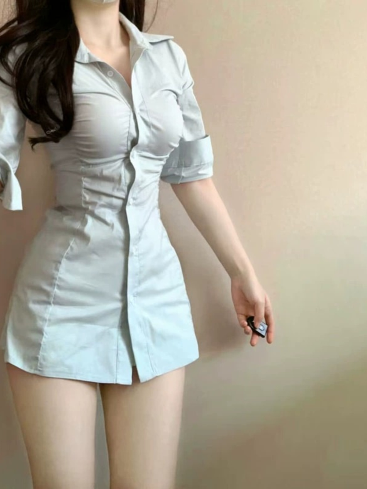 Korean Style A Line Shirt Dress - เดรสเชิ้ตพลีทเข้ารูปเอวสุดเซ็กซี่ สไตล์เกาหลี กระโปรงทรงเอ สำหรับสาวๆ ใส่ทำงานช่วงฤดูใบไม้ร่วง แขนสั้น