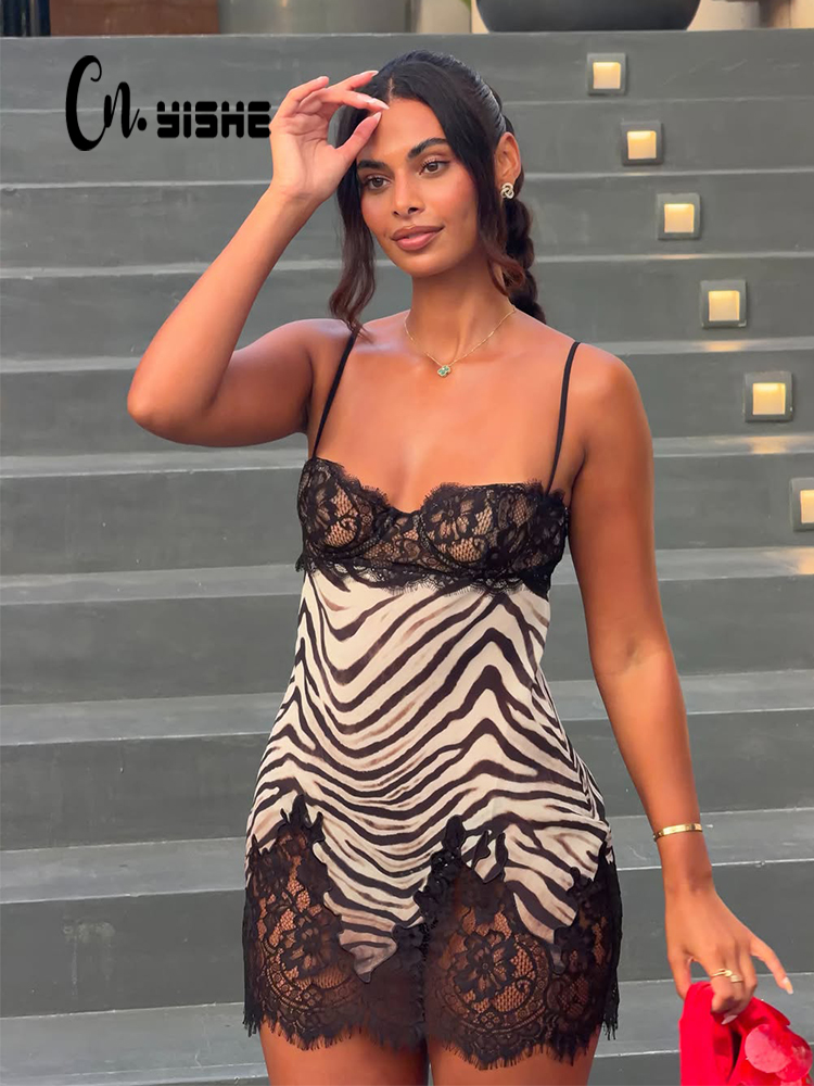 Sexy Mesh Sheer Bodycon Dress - CNYISHE เสื้อสายเดี่ยวลายม้าลาย แต่งลูกไม้ ชุดเดรสผู้หญิง ชุดปาร์ตี้ ชุดเซ็กซี่สำหรับผู้หญิง