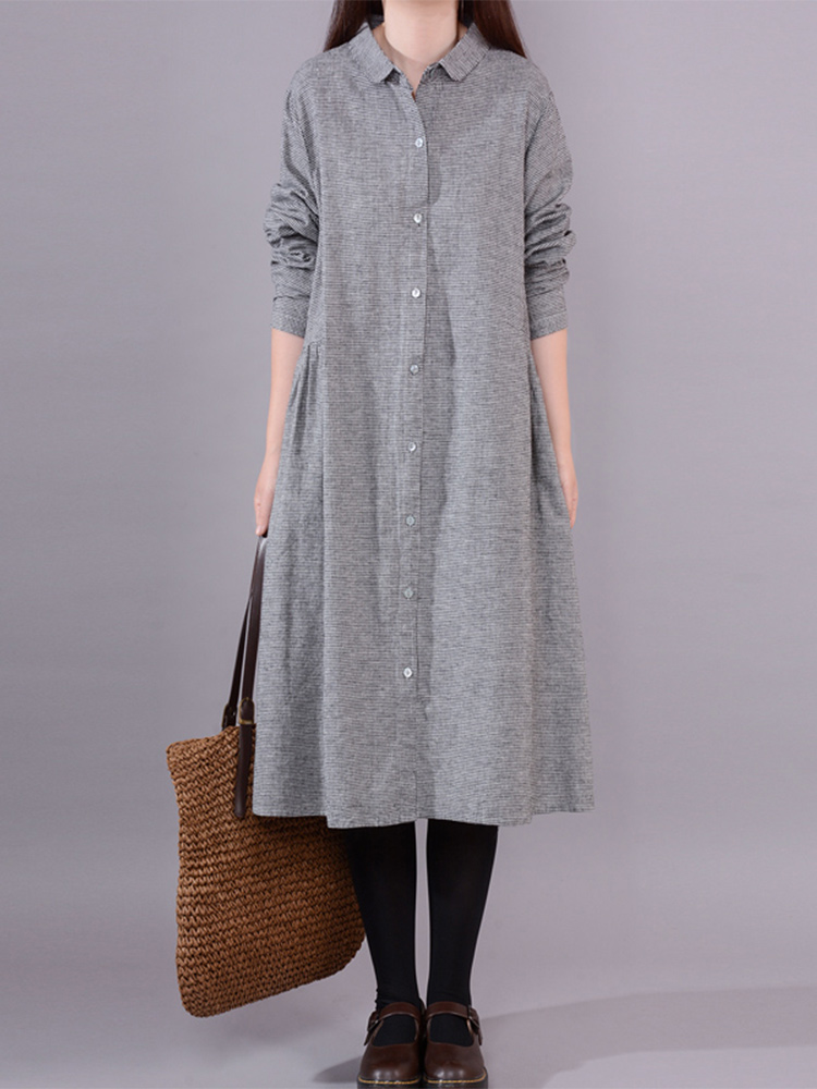 Korean Style A Line Shirt Dress - เดรสเชิ้ตผ้าฝ้ายลินินลายสก็อตแขนยาวสำหรับผู้หญิง ทรงเอ กระโปรงทรงเอ สไตล์เกาหลี เอวหลวม ทรงไม่สมมาตร