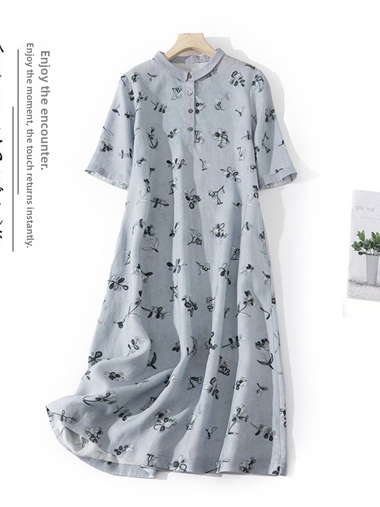 Casual Loose Linen Shirt Dress - เดรสเชิ้ตผ้าฝ้ายลินินพิมพ์ลายดอกไม้สไตล์ศิลปะ ทรงเอไลน์ ความยาวปานกลาง สำหรับผู้หญิง ใส่สบายๆ ในฤดูร้อน