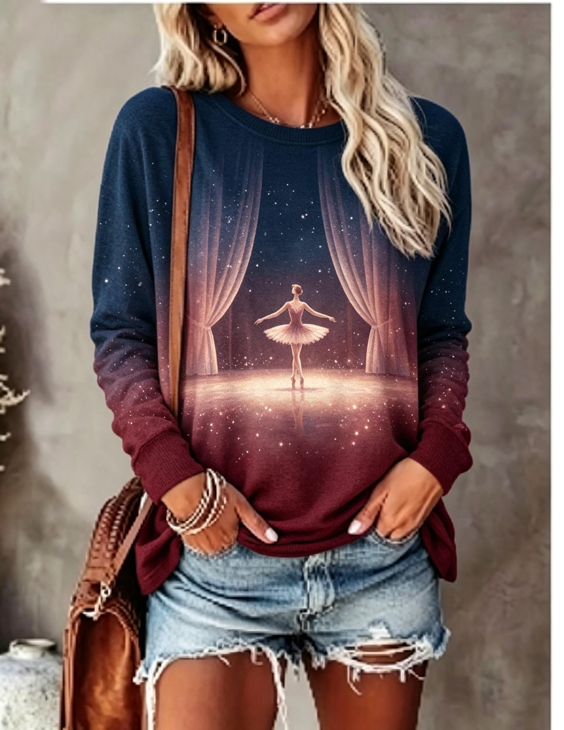Blouses - เสื้อยืดแขนยาวผู้หญิง ลายพิมพ์นักบัลเลต์ ฉากม่าน ดวงดาว แสงระยิบระยับ คอวี