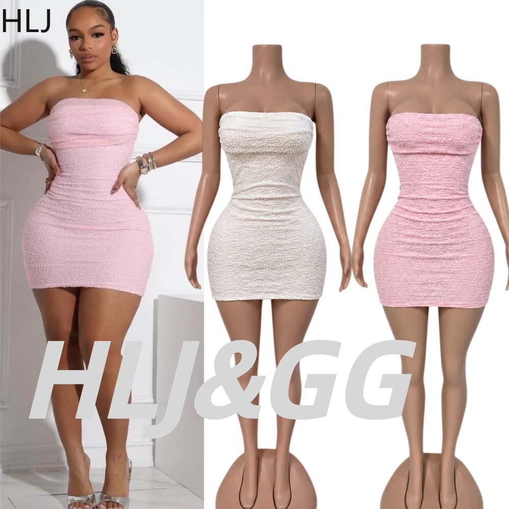 Sparkly Rhinestone Club Party Dress - HLJ ชุดเดรสสั้นเซ็กซี่สำหรับผู้หญิง แบบเกาะอก ประดับคริสตัลและลูกปัด ทรงรัดรูป แขนกุด