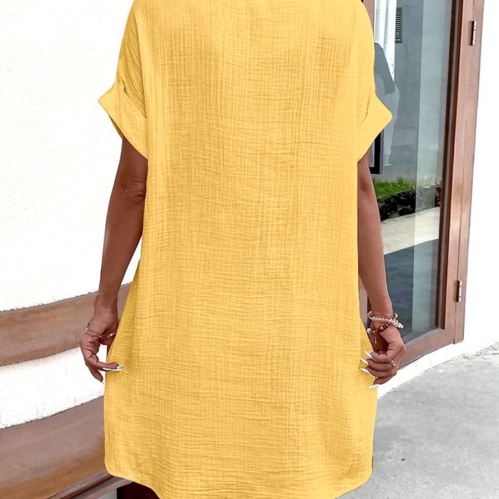 Casual Loose Linen Shirt Dress - ชุดเดรสเชิ้ตคอวีผู้หญิง แขนสั้น ทรงหลวม ความยาวมิดิ ผ้าฝ้ายผสมลินิน ติดกระดุม