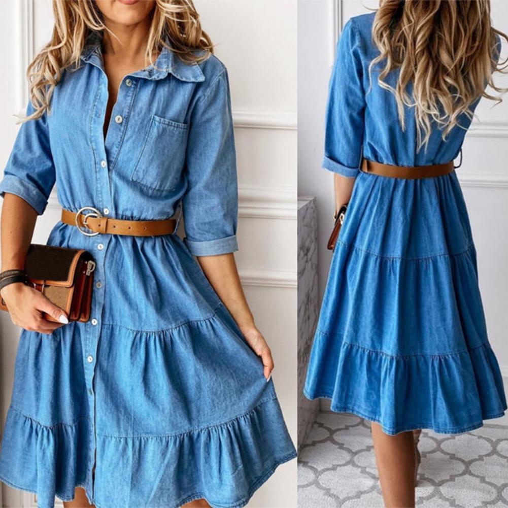 French Vintage Floral Midi Dress - เดรสยีนส์แขนสามส่วนพร้อมเข็มขัด คอปกพับ กระดุม แต่งระบาย สำหรับผู้หญิง ฤดูใบไม้ผลิ-ฤดูใบไม้ร่วง