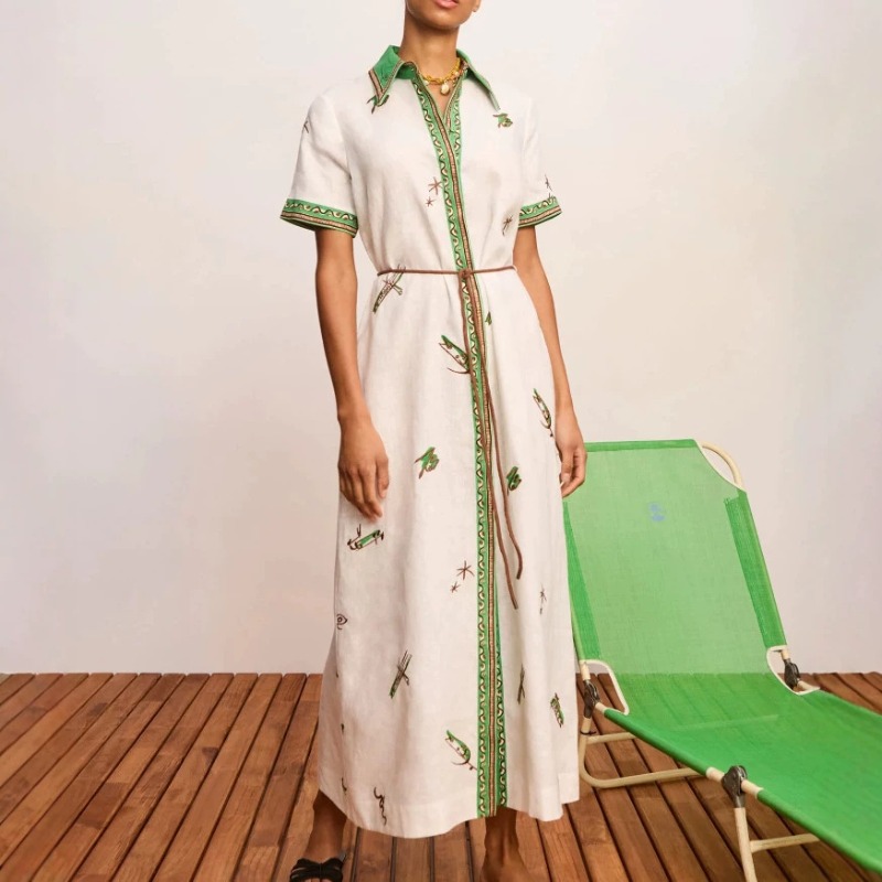 Casual Loose Linen Shirt Dress - ชุดเดรสเชิ้ตยาวลายดอกไม้ผ้าลินินสำหรับผู้หญิง รุ่นใหม่ฤดูใบไม้ร่วง 2026 แขนสั้น สไตล์ลำลอง ใส่ได้หลากหลาย