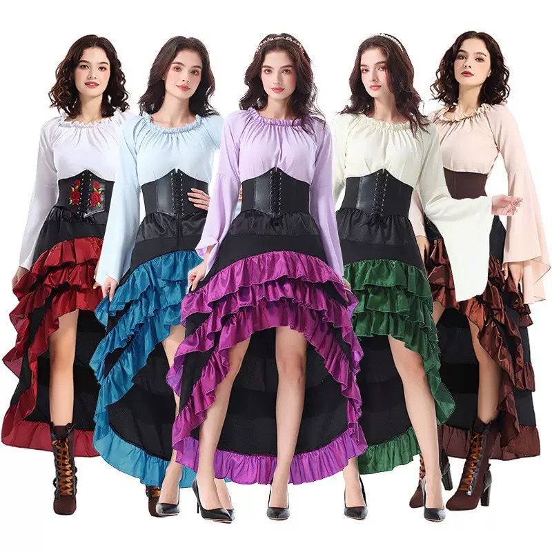 Skirts - ชุดเดรสยาวสไตล์วรรณกรรมฮาโลวีนสุดทันสมัย ด้านหน้าสั้น ด้านหลังยาว ชายกระโปรงระบายใบบัว ชุดคอสตูมยุคกลาง สไตล์โจรสลัด