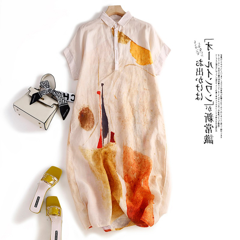Casual Loose Linen Shirt Dress - เดรสเชิ้ตผ้าฝ้ายลินินลำลองสำหรับผู้หญิง ลายพิมพ์ กระโปรงยาวทรงเอ เอวหลวม แขนสั้น คอปก