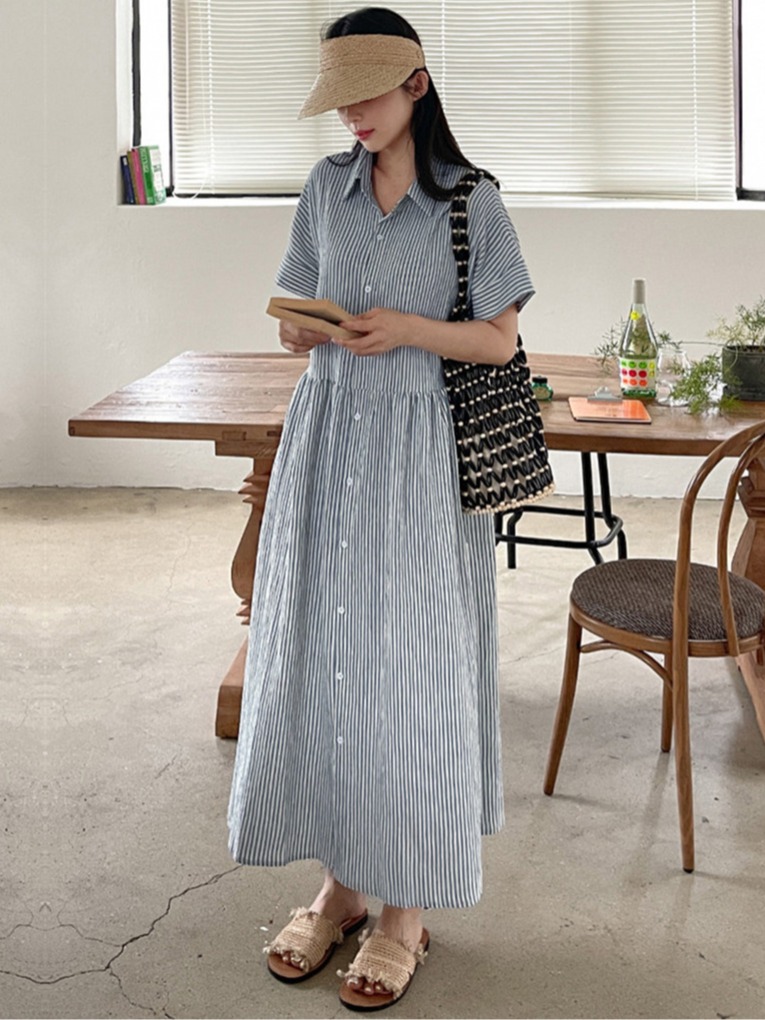 เดรสเชิ้ตลายทางสไตล์เกาหลีแบบเ - Korean Style A Line Shirt Dress บทวิจารณ์และราคา
