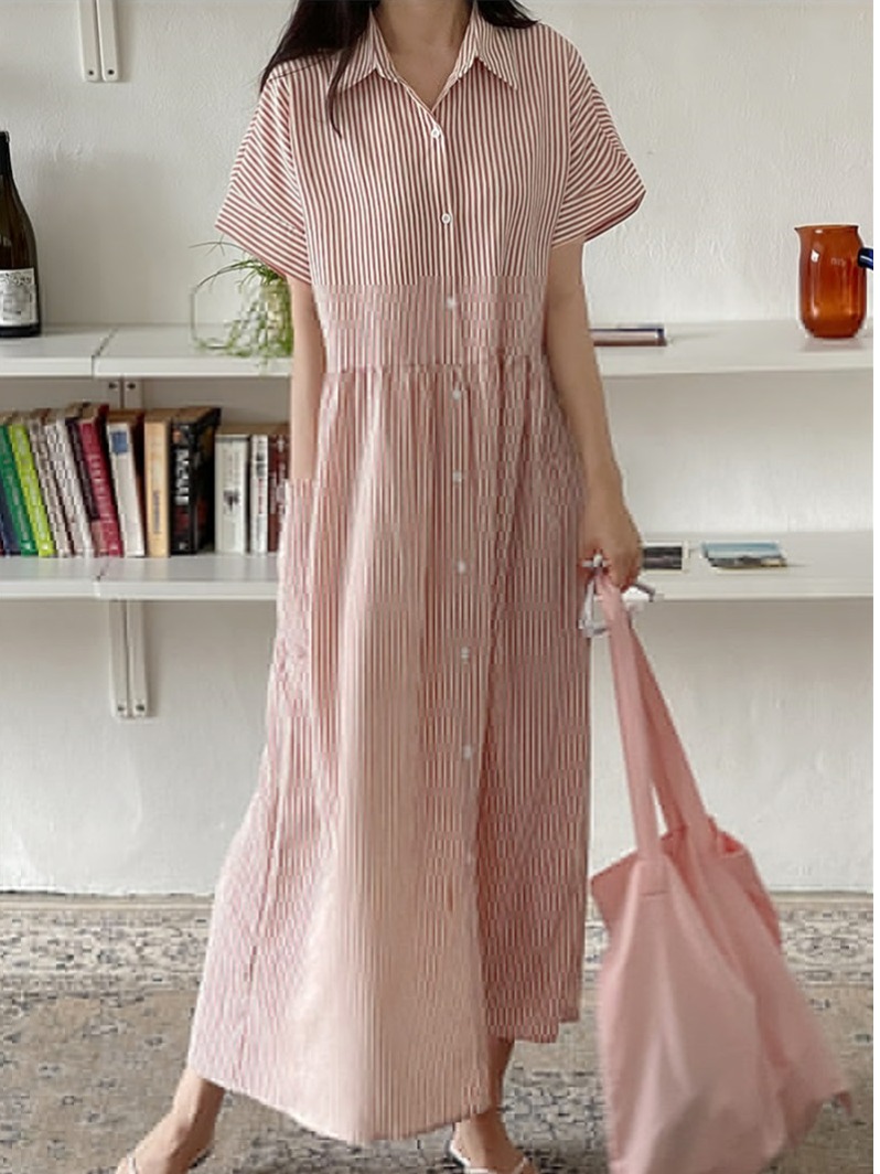 เดรสเชิ้ตลายทางสไตล์เกาหลีแบบเ - Korean Style A Line Shirt Dress บทวิจารณ์และราคา