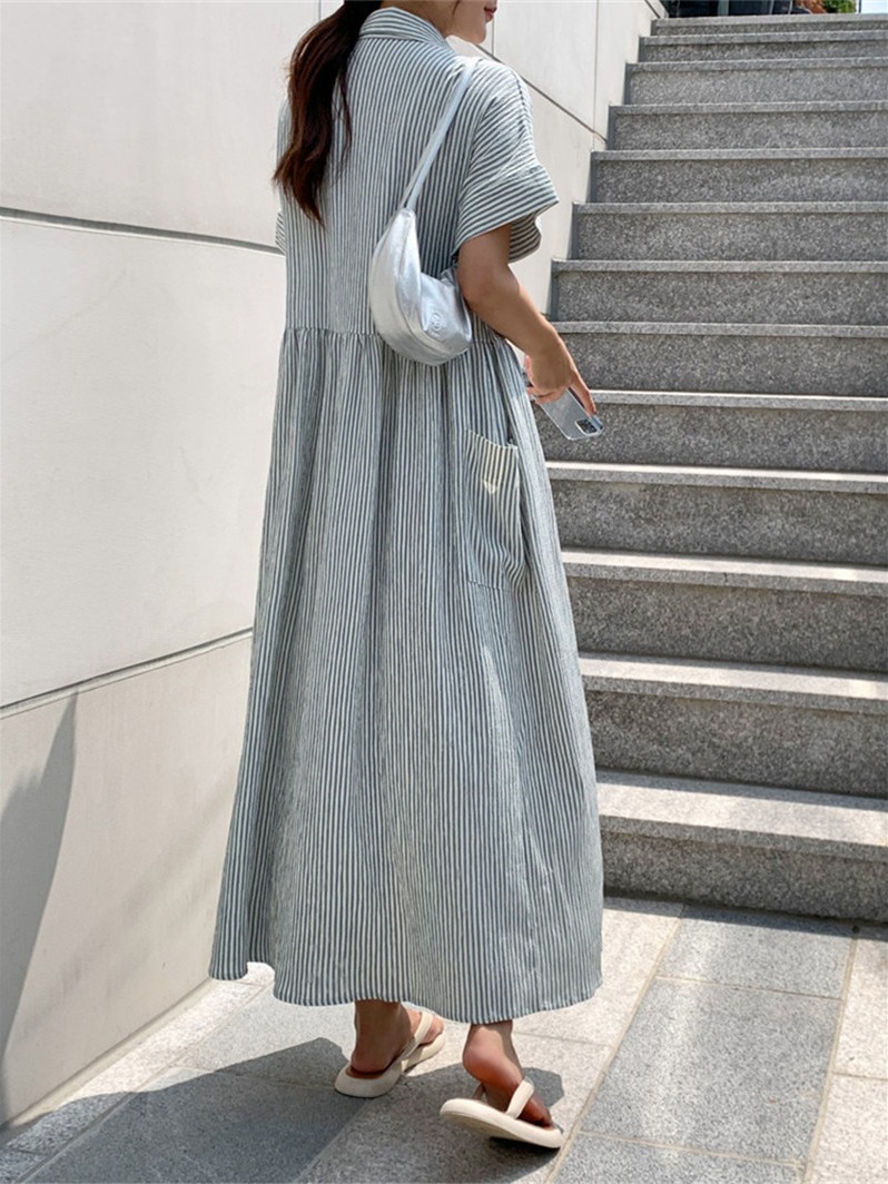 เดรสเชิ้ตลายทางสไตล์เกาหลีแบบเ - Korean Style A Line Shirt Dress บทวิจารณ์และราคา