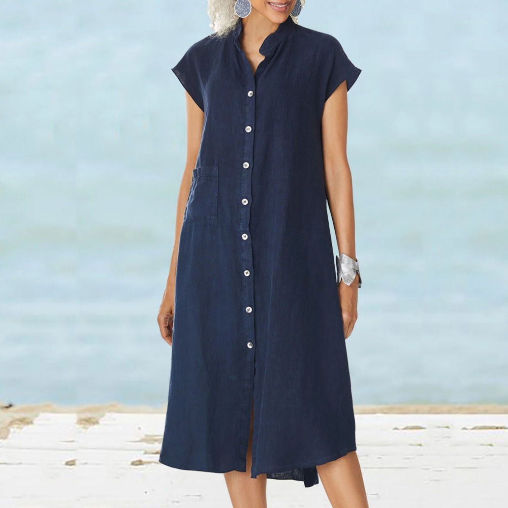 2026 ชุดเดรสเสื้อเชิ้ตสีดำลำลอ - Casual Loose Linen Shirt Dress บทวิจารณ์และราคา