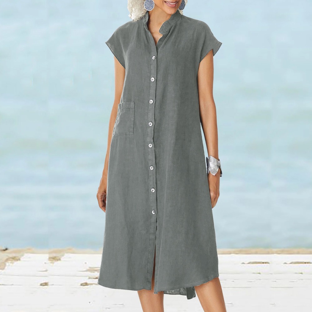 2026 ชุดเดรสเสื้อเชิ้ตสีดำลำลอ - Casual Loose Linen Shirt Dress บทวิจารณ์และราคา