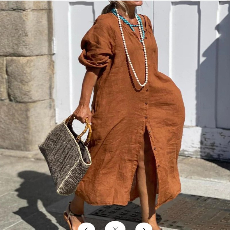 เดรสผ้าฝ้ายลินินสไตล์แฟชั่นหรู - Casual Loose Linen Shirt Dress บทวิจารณ์และราคา