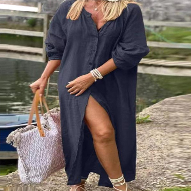 เดรสผ้าฝ้ายลินินสไตล์แฟชั่นหรู - Casual Loose Linen Shirt Dress บทวิจารณ์และราคา