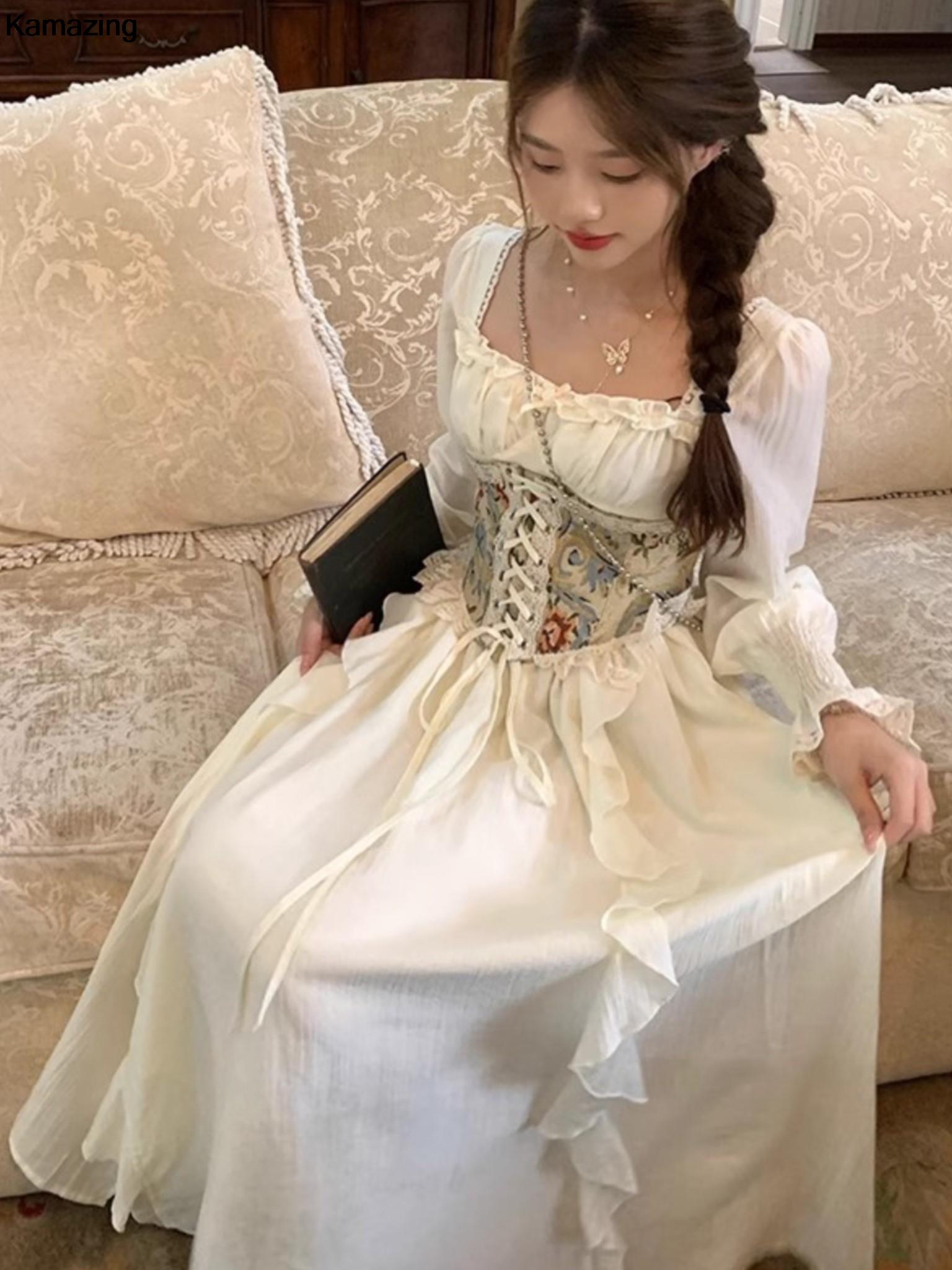 ชุดเดรสคอร์เซ็ตสไตล์วินเทจของผ - French Vintage Floral Midi Dress บทวิจารณ์และราคา