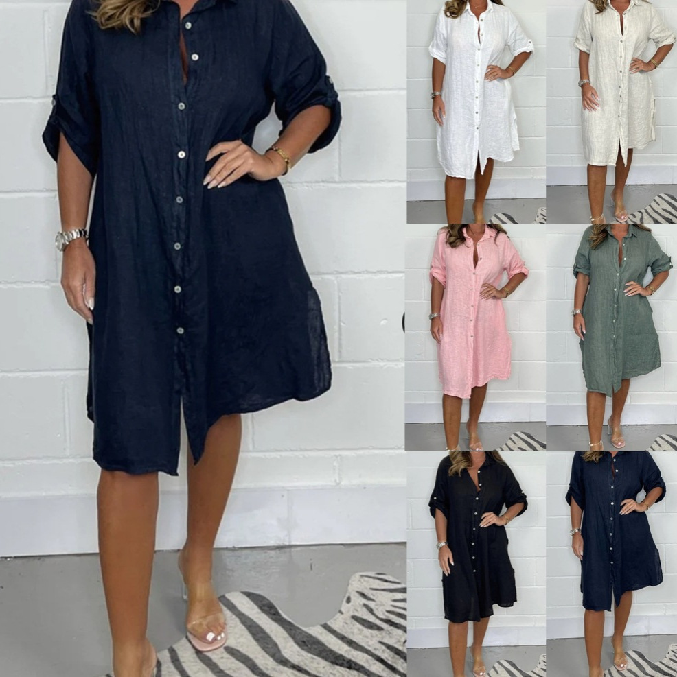 ชุดเดรสผ้าลินินแขนสามส่วน ทรงห - Casual Loose Linen Shirt Dress บทวิจารณ์และราคา