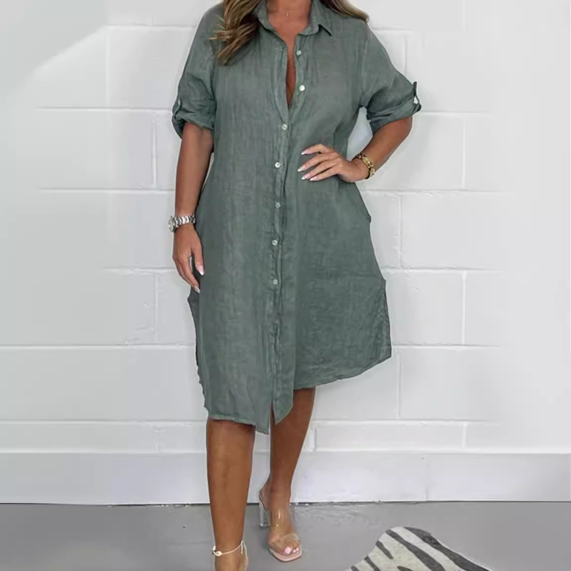 ชุดเดรสผ้าลินินแขนสามส่วน ทรงห - Casual Loose Linen Shirt Dress บทวิจารณ์และราคา