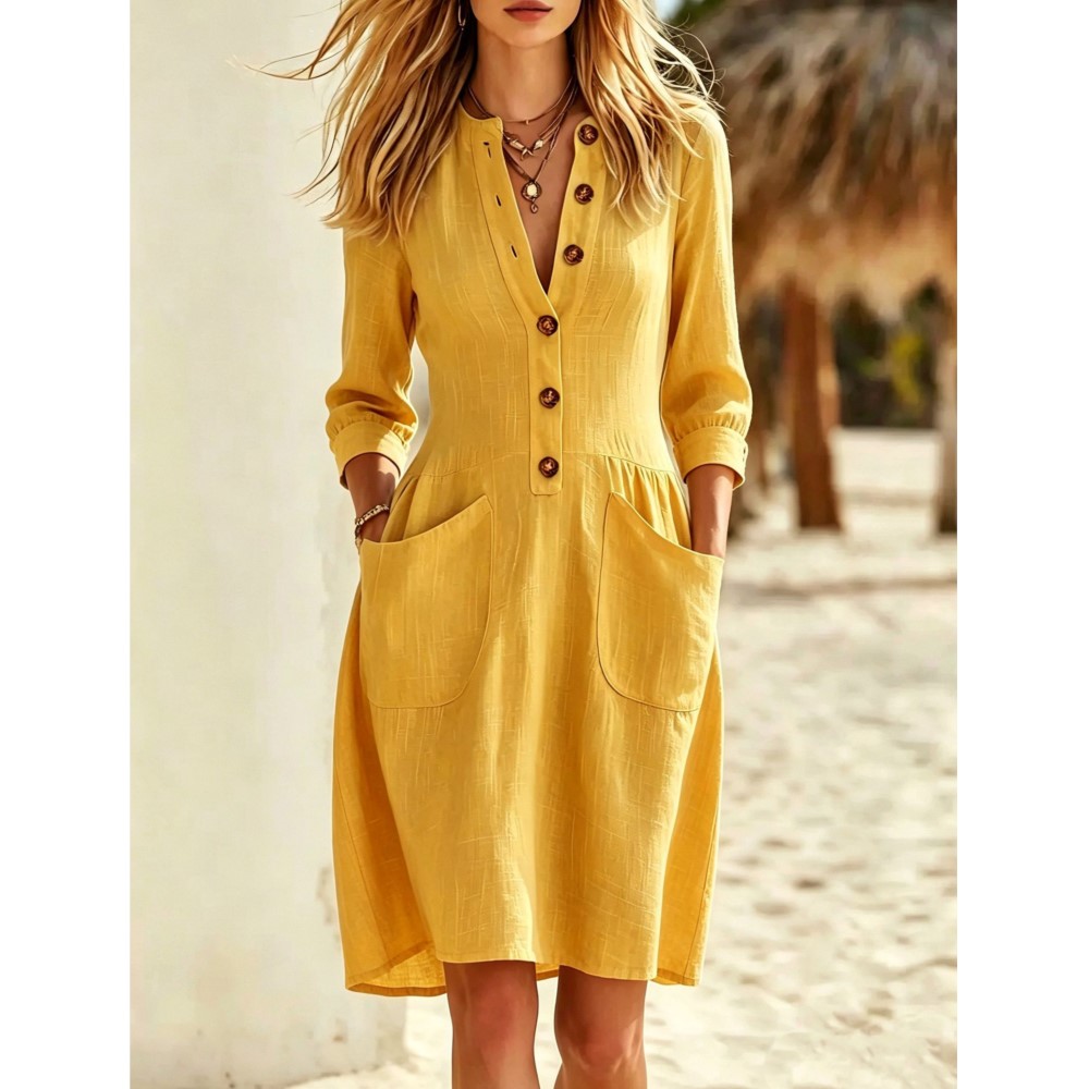 เดรสเชิ้ตผู้หญิงคอวีผ้าลินินติ - Casual Loose Linen Shirt Dress บทวิจารณ์และราคา