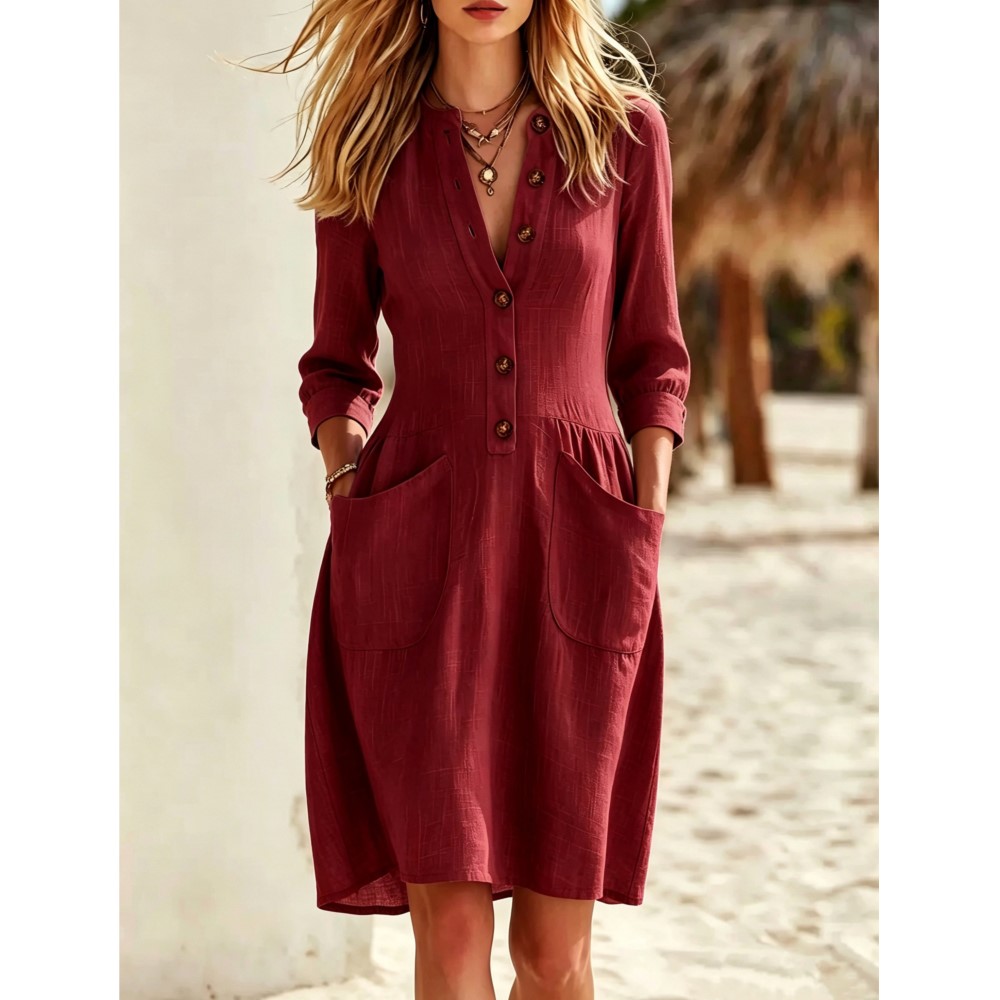 เดรสเชิ้ตผู้หญิงคอวีผ้าลินินติ - Casual Loose Linen Shirt Dress บทวิจารณ์และราคา