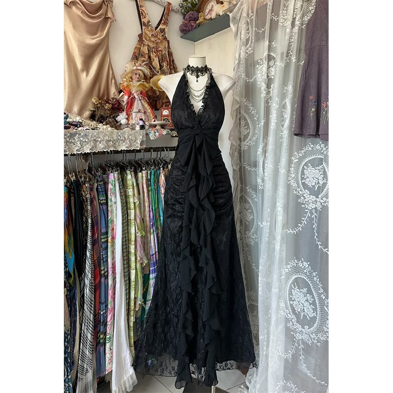 เดรสวินเทจ Y2K แบบผูกคอ ไร้แขน - Y2K Backless Halter Mini Dress บทวิจารณ์และราคา