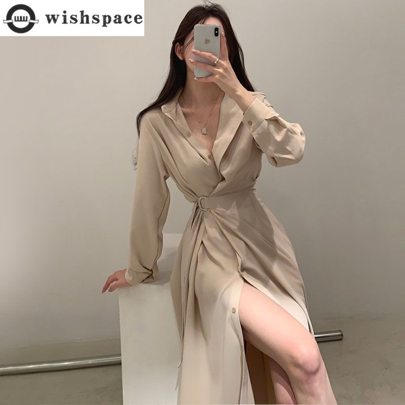 แขนยาวเสื้อเชิ้ตสไตล์เกาหลีสไต - Korean Style A Line Shirt Dress บทวิจารณ์และราคา