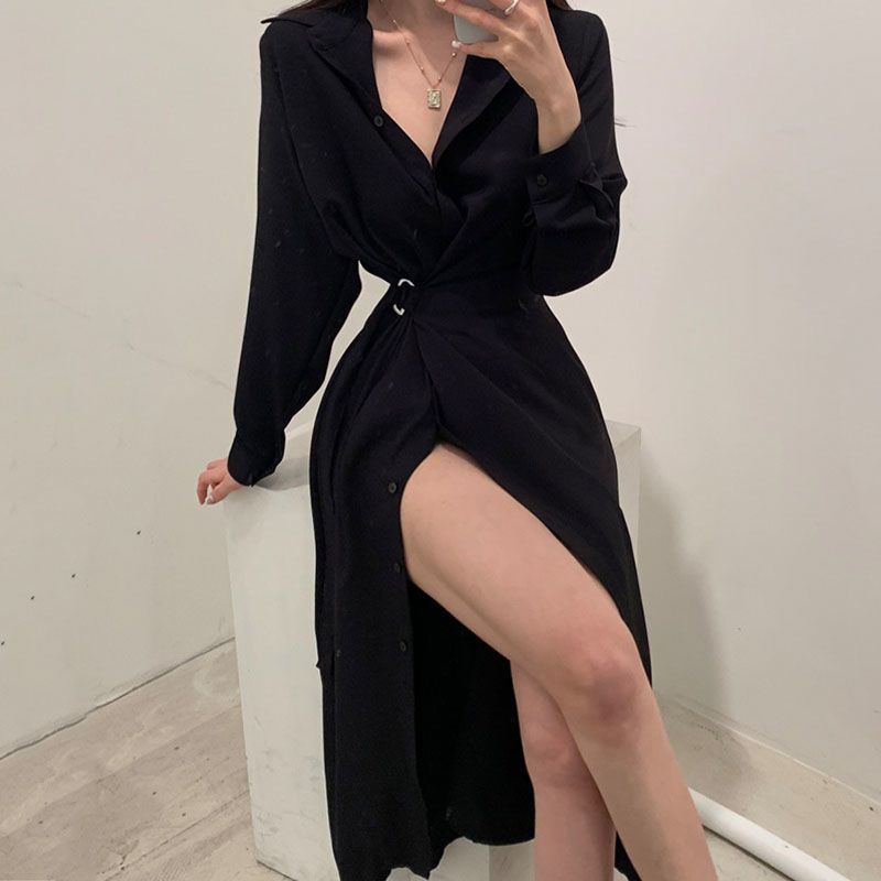 แขนยาวเสื้อเชิ้ตสไตล์เกาหลีสไต - Korean Style A Line Shirt Dress บทวิจารณ์และราคา