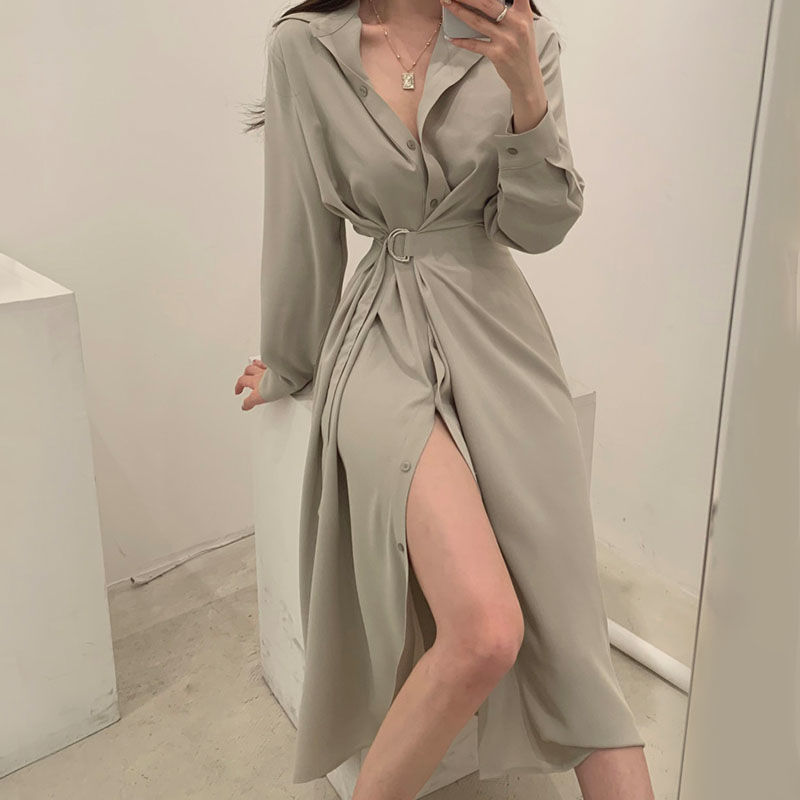 แขนยาวเสื้อเชิ้ตสไตล์เกาหลีสไต - Korean Style A Line Shirt Dress บทวิจารณ์และราคา