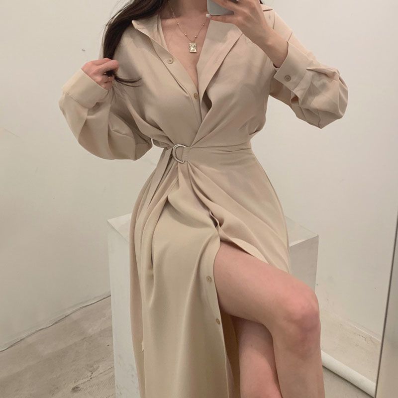 แขนยาวเสื้อเชิ้ตสไตล์เกาหลีสไต - Korean Style A Line Shirt Dress บทวิจารณ์และราคา