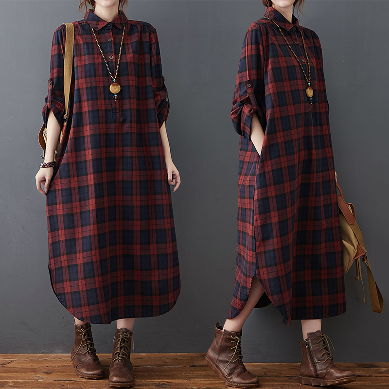 ชุดเดรสผ้าฝ้ายผ้าลินินสำหรับผู - Casual Loose Linen Shirt Dress บทวิจารณ์และราคา