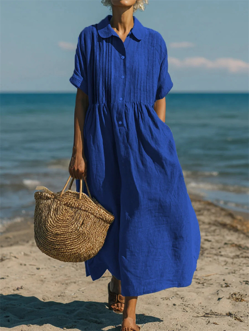 เดรสเชิ้ตผ้าลินินสไตล์ลำลองสำห - Casual Loose Linen Shirt Dress บทวิจารณ์และราคา