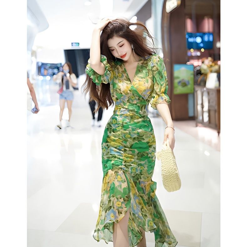 ชุดเดรสกอดเอวสไตล์แฟชั่นฤดูร้อ - French Vintage Floral Midi Dress บทวิจารณ์และราคา