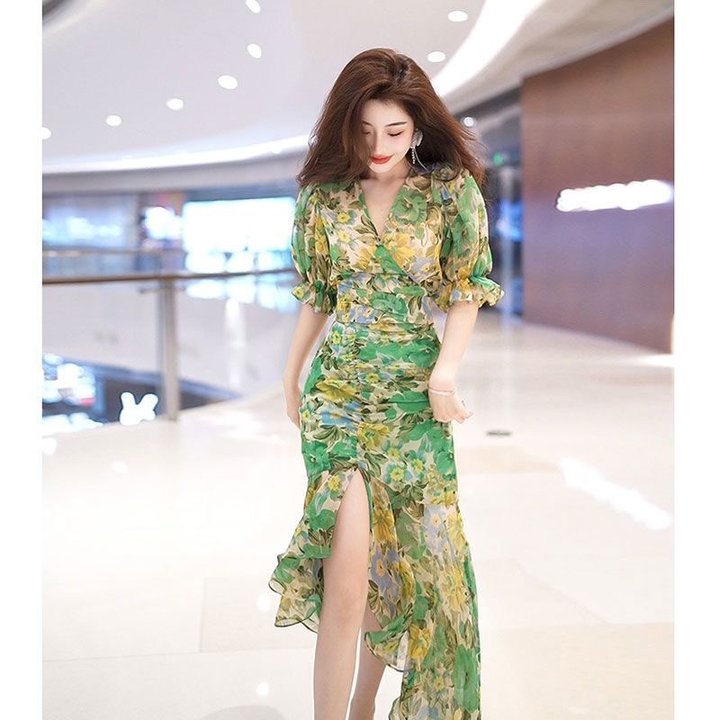 ชุดเดรสกอดเอวสไตล์แฟชั่นฤดูร้อ - French Vintage Floral Midi Dress บทวิจารณ์และราคา