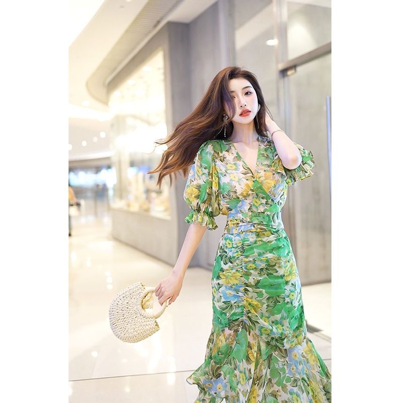 ชุดเดรสกอดเอวสไตล์แฟชั่นฤดูร้อ - French Vintage Floral Midi Dress บทวิจารณ์และราคา