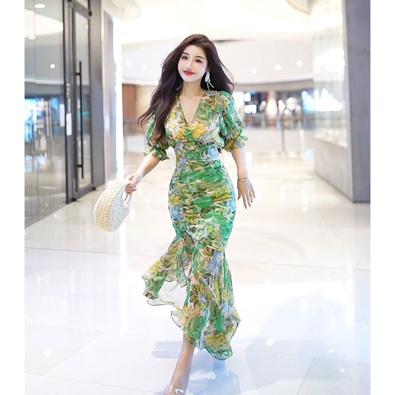 ชุดเดรสกอดเอวสไตล์แฟชั่นฤดูร้อ - French Vintage Floral Midi Dress บทวิจารณ์และราคา
