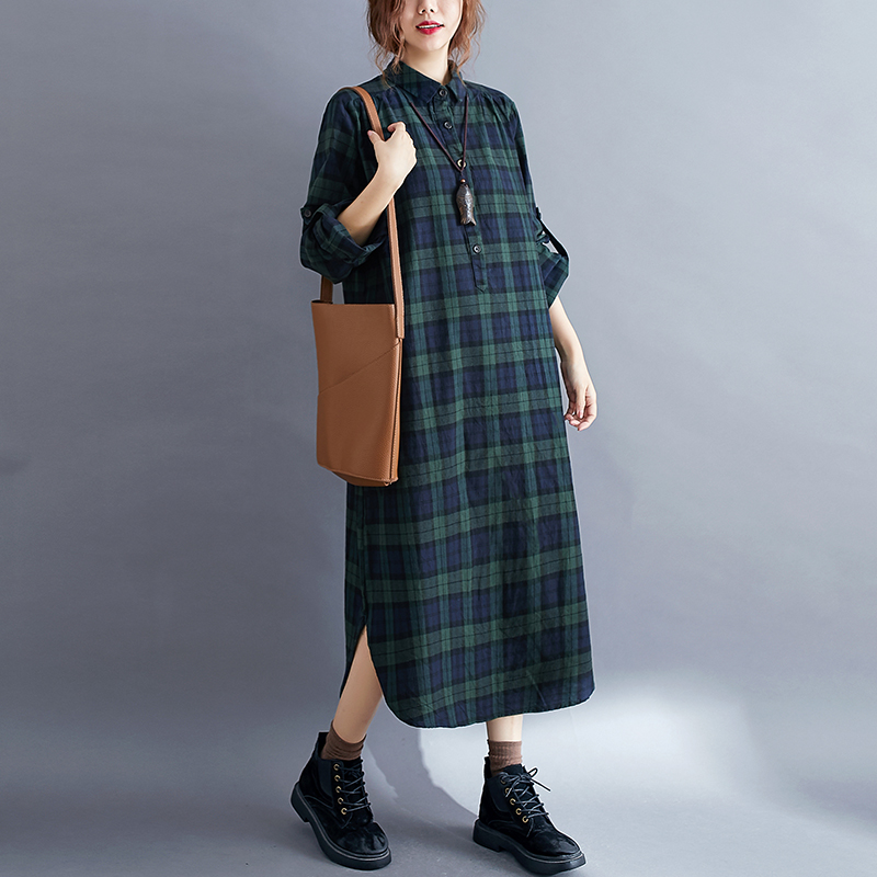 เดรสเชิ้ตแขนยาวลายสก็อตสไตล์ลำ - Korean Style A Line Shirt Dress บทวิจารณ์และราคา