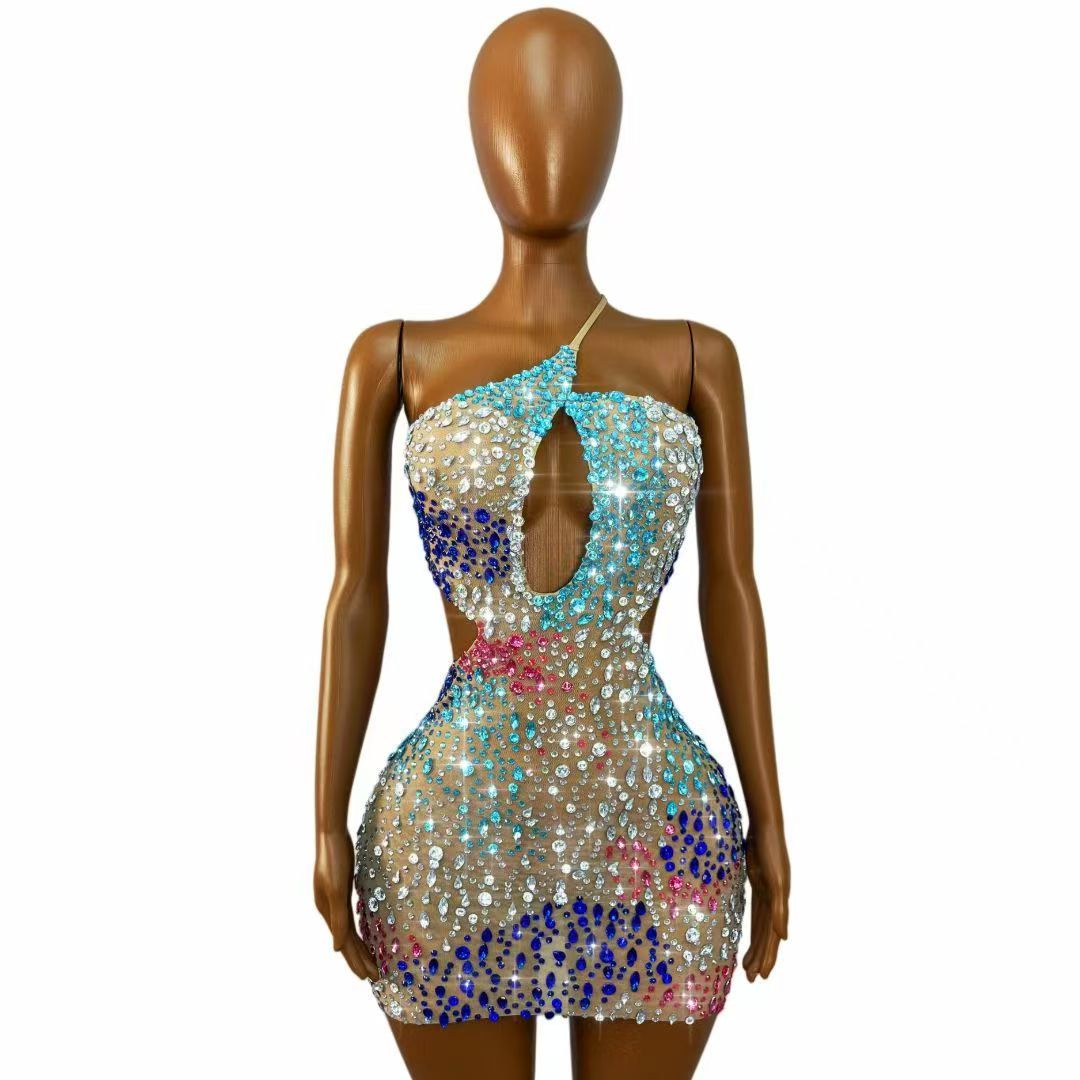 ชุดเดรสสั้นรัดรูปตาข่ายโปร่งแส - Sparkly Rhinestone Club Party Dress บทวิจารณ์และราคา