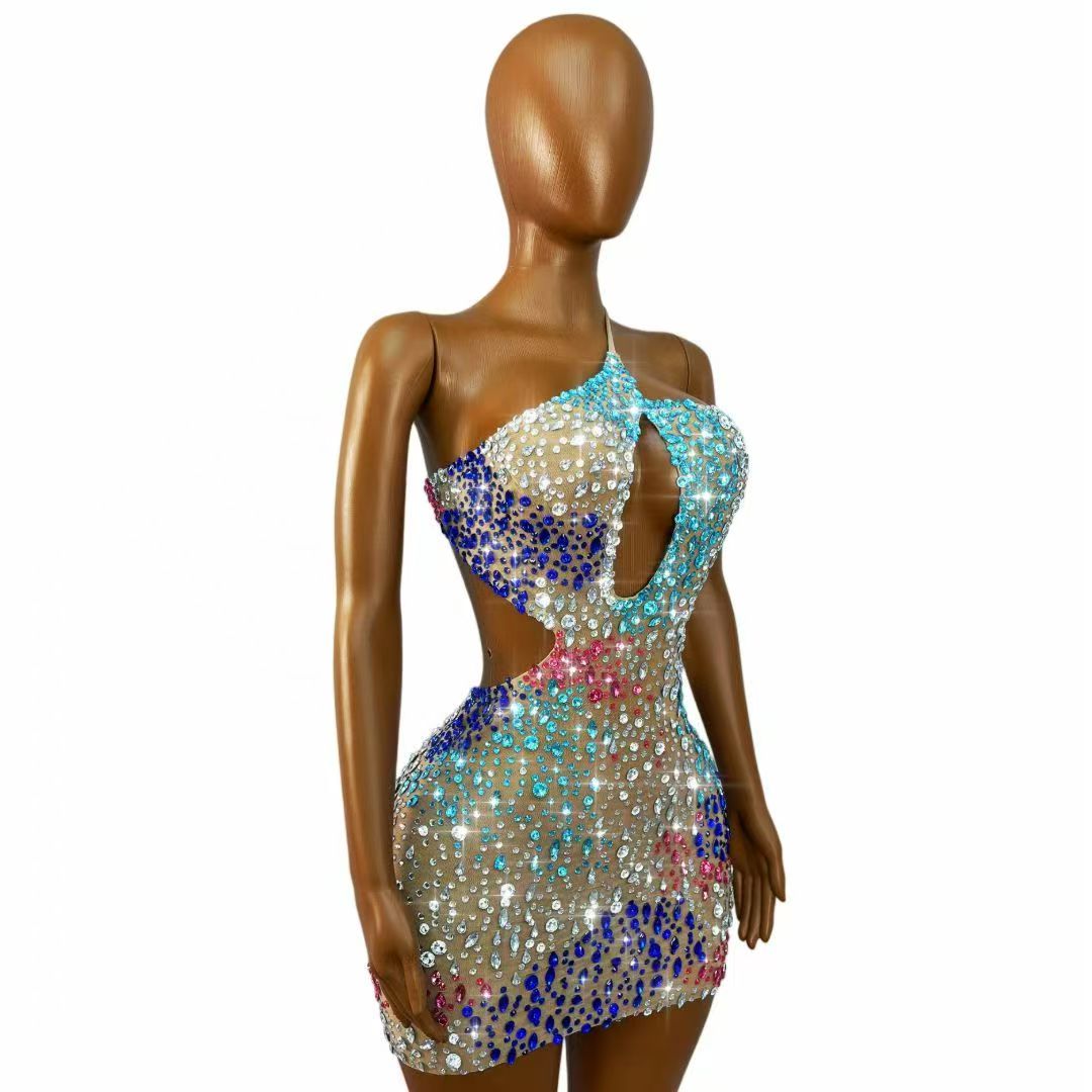 ชุดเดรสสั้นรัดรูปตาข่ายโปร่งแส - Sparkly Rhinestone Club Party Dress บทวิจารณ์และราคา