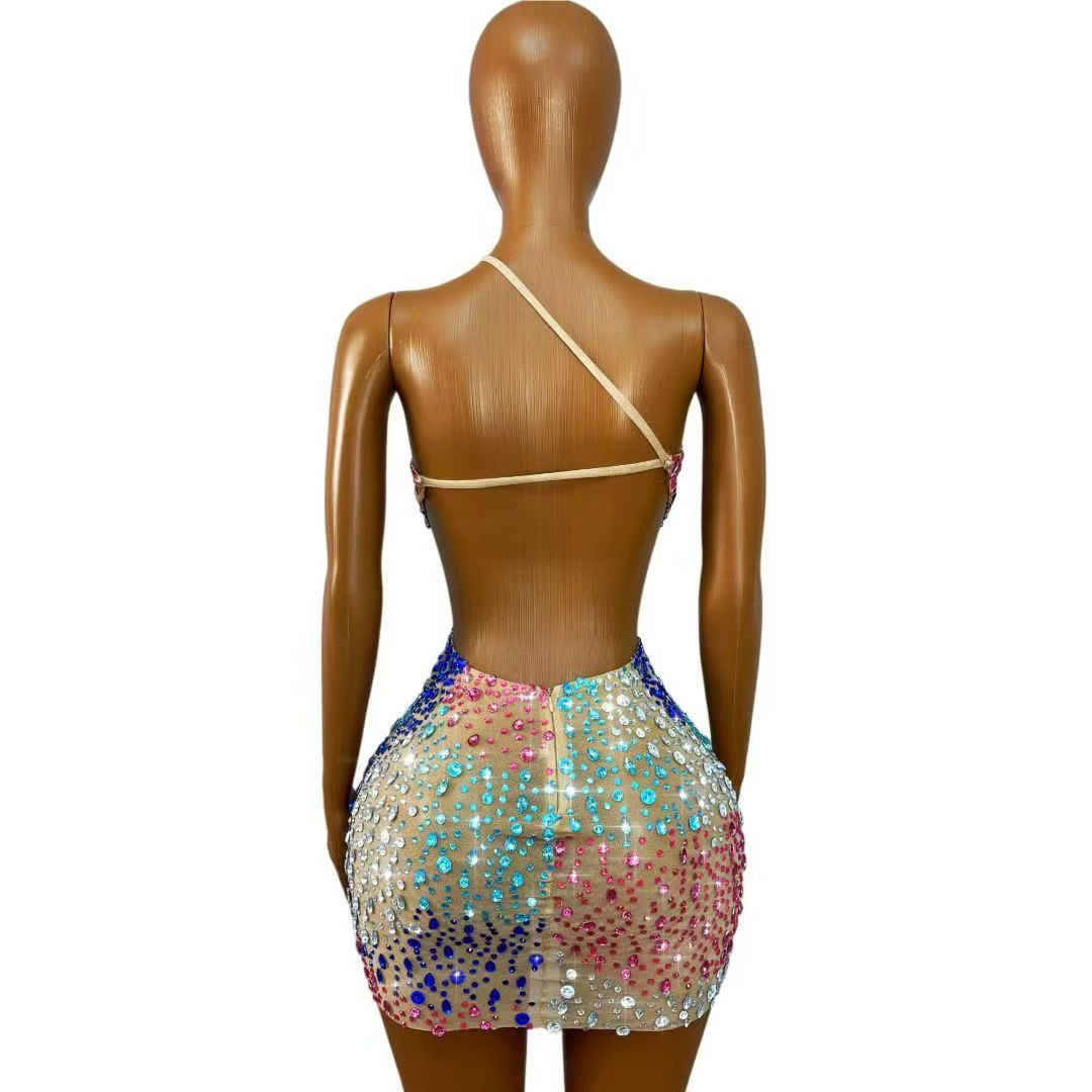 ชุดเดรสสั้นรัดรูปตาข่ายโปร่งแส - Sparkly Rhinestone Club Party Dress บทวิจารณ์และราคา