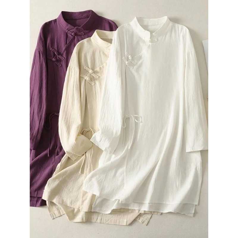 ชุดเดรสผ้าลินินสไตล์จีนสำหรับผ - Casual Loose Linen Shirt Dress บทวิจารณ์และราคา