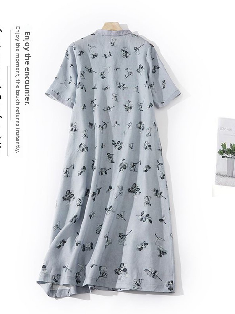 เดรสเชิ้ตผ้าฝ้ายลินินพิมพ์ลายด - Casual Loose Linen Shirt Dress บทวิจารณ์และราคา