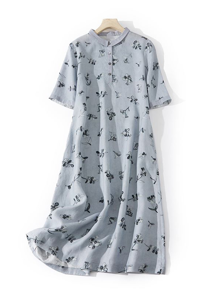 เดรสเชิ้ตผ้าฝ้ายลินินพิมพ์ลายด - Casual Loose Linen Shirt Dress บทวิจารณ์และราคา