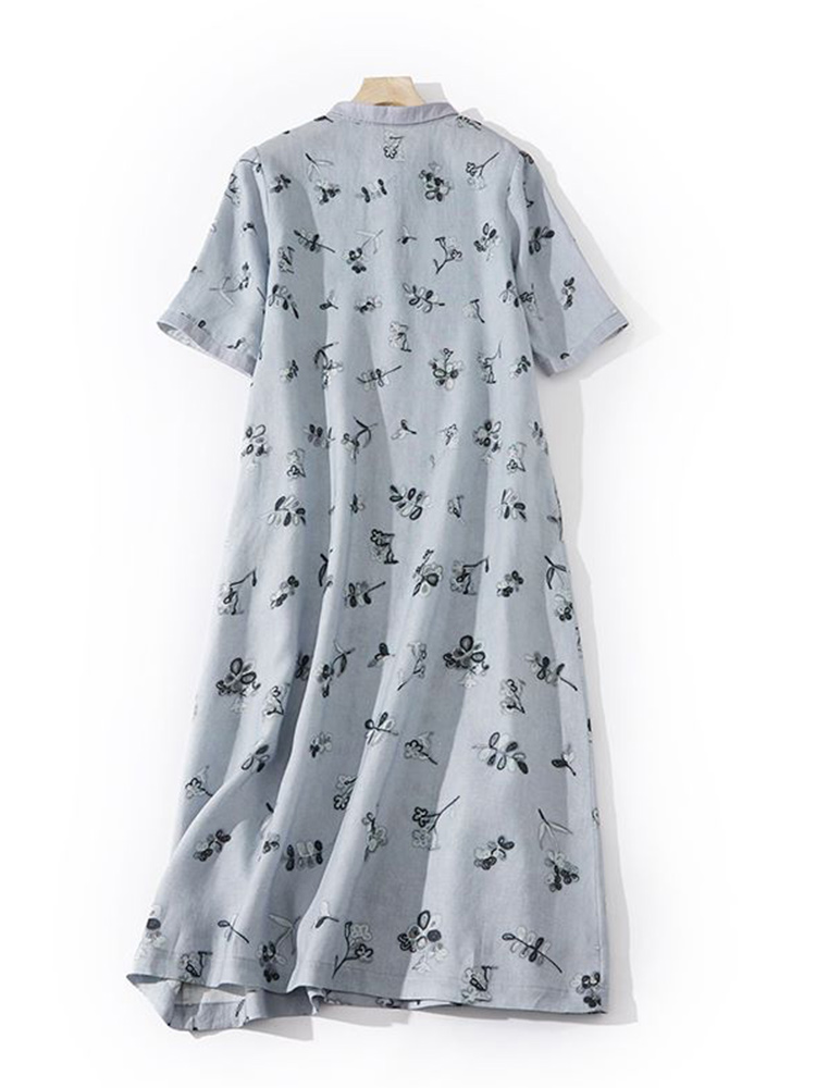 เดรสเชิ้ตผ้าฝ้ายลินินพิมพ์ลายด - Casual Loose Linen Shirt Dress บทวิจารณ์และราคา
