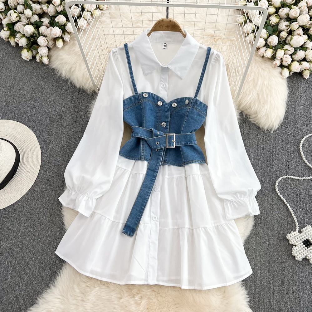ชุดเดรสเชิ้ตยีนส์แขนยาวกระดุมเ - Korean Style A Line Shirt Dress บทวิจารณ์และราคา