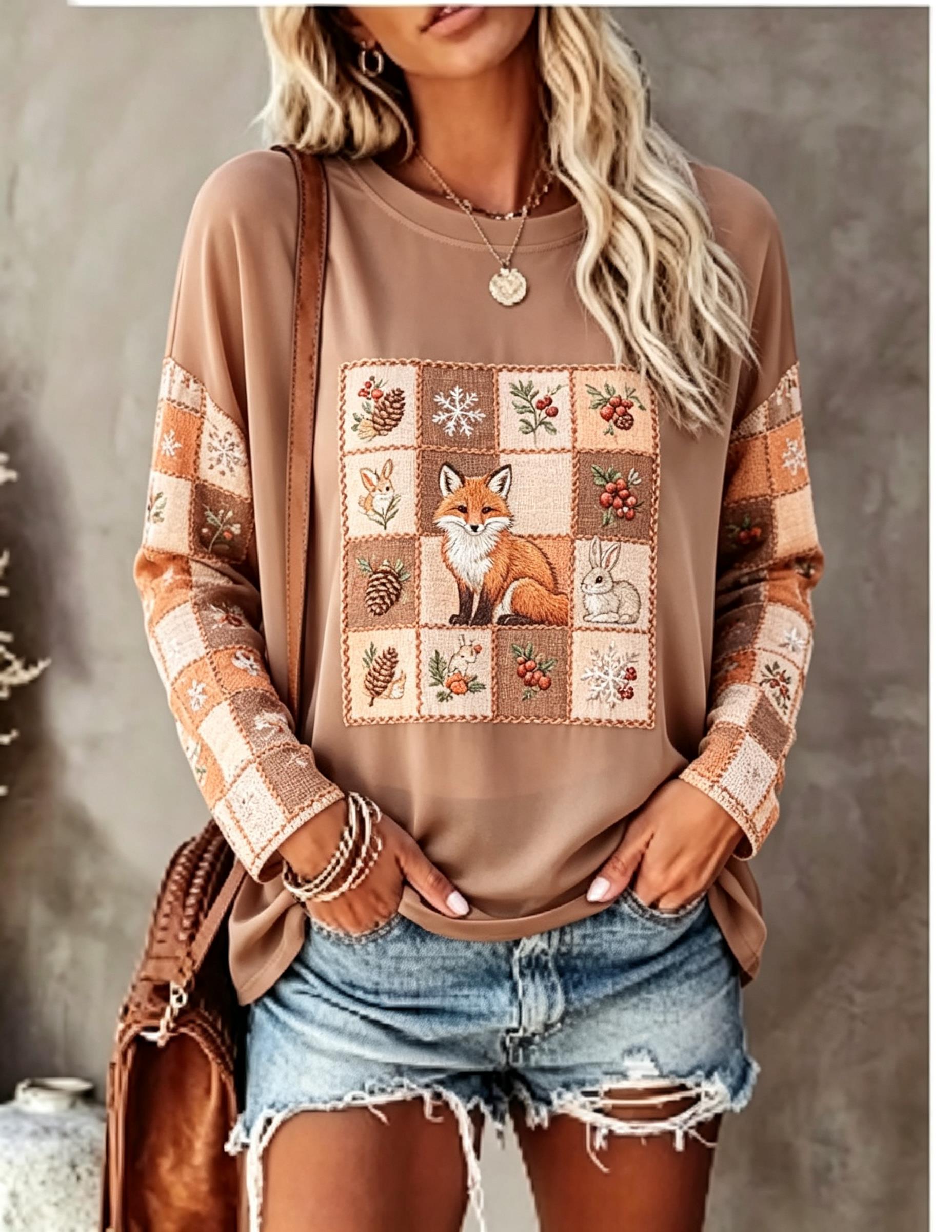เสื้อยืดแขนยาวผู้หญิง ลายปักจิ - Blouses บทวิจารณ์และราคา