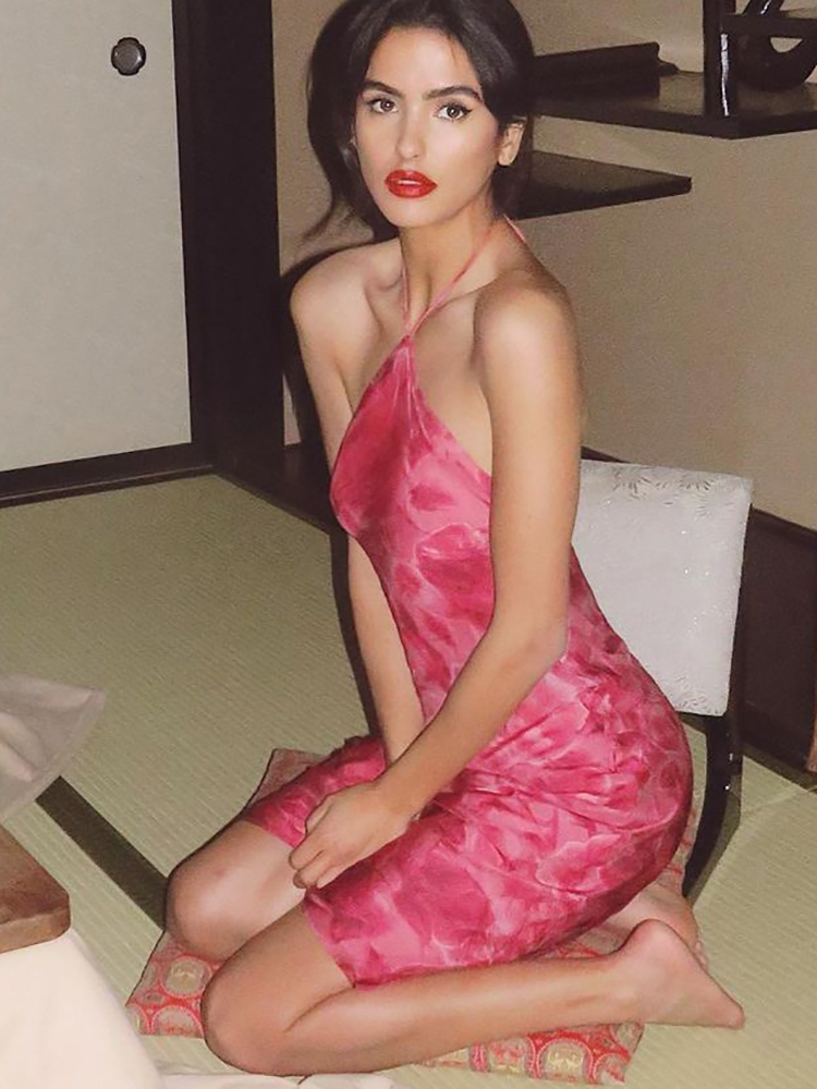 Dulzura Roseพิมพ์Lace Up Halte - Y2K Backless Halter Mini Dress บทวิจารณ์และราคา